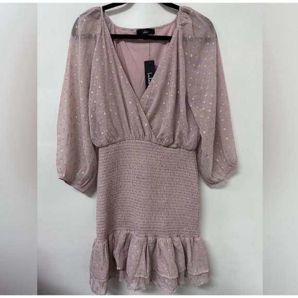 Lulu's Mauve With Gold Dots Mini Dress NWT Size Large - Picture 1 of 9